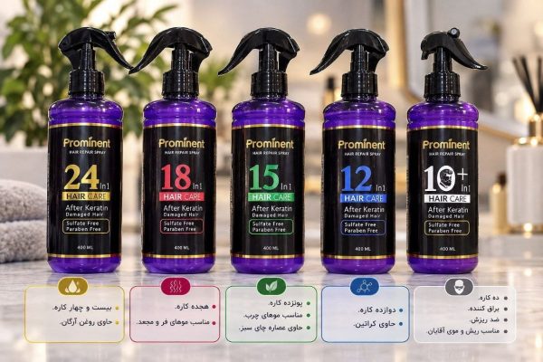 اسپری مراقبت از مو پرومیننت Prominent Hair Repair Spray مدل‌های ۱۰، ۱۲، ۱۵، ۱۸ و ۲۴ کاره حجم ۴۰۰ میلی‌لیتر